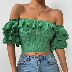 Chiquease Women Off Shoulder Ruffled Layered Design Fitted Elegant Sweater